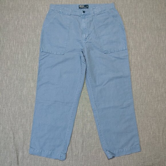 VINTAGE Polo Ralph Lauren Cargo Pants Mens 35x30 Perwinkle Linen Cotton Flap Y2K - Picture 1 of 12